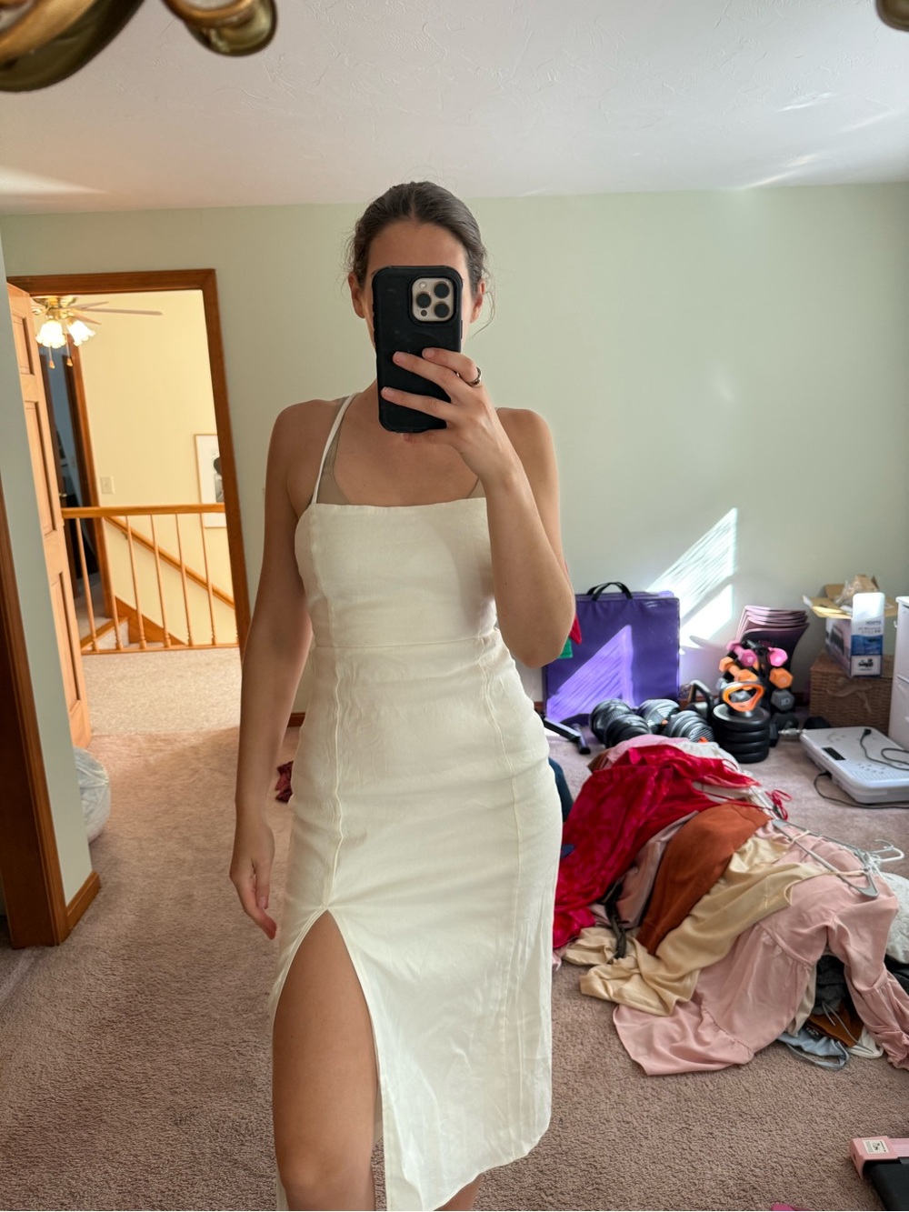 Astr Cream Square-Neck Midi Dress with Side Slit